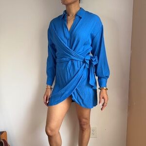 Blue Zara long sleeve mini wrap dress